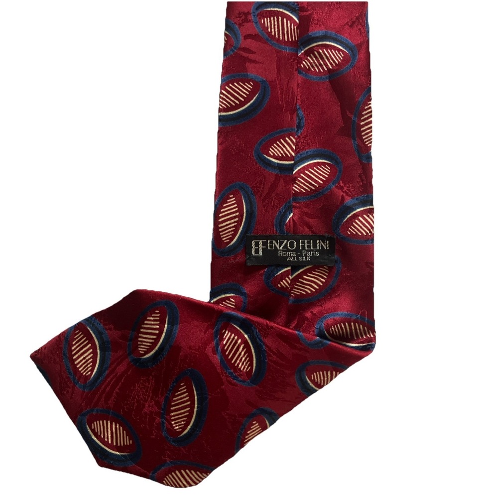 Fenzo Felin Red Blue Geometric Pre-owned Neck Tie Handmade Silk
